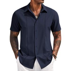 imageCOOFANDY Mens Cuban Guayabera Short Sleeve Shirt Casual Summer Beach Tops Button Down Untucked ShirtsNavy Blue