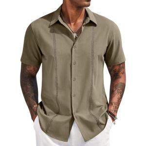 imageCOOFANDY Mens Cuban Guayabera Short Sleeve Shirt Casual Summer Beach Tops Button Down Untucked ShirtsOlive Green