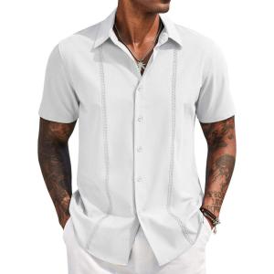 imageCOOFANDY Mens Cuban Guayabera Short Sleeve Shirt Casual Summer Beach Tops Button Down Untucked ShirtsWhite
