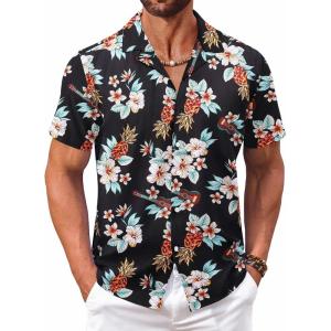 imageCOOFANDY Mens Hawaiian Floral Shirts Short Sleeve Button Down Shirts Tropical Summer Beach ShirtsFloral Pineappleblack