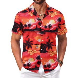 imageCOOFANDY Mens Hawaiian Floral Shirts Short Sleeve Button Down Shirts Tropical Summer Beach ShirtsIsland Sunsetorange Red