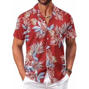 imageCOOFANDY Mens Hawaiian Floral Shirts Short Sleeve Button Down Shirts Tropical Summer Beach ShirtsLeavesred