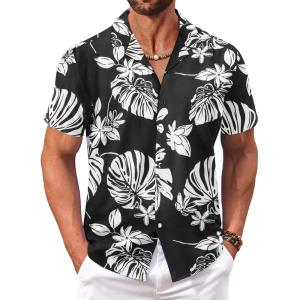 imageCOOFANDY Mens Hawaiian Floral Shirts Short Sleeve Button Down Shirts Tropical Summer Beach ShirtsMonstera Leafblack