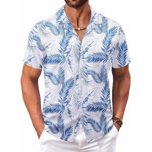 imageCOOFANDY Mens Hawaiian Floral Shirts Short Sleeve Button Down Shirts Tropical Summer Beach ShirtsPalm Leafwhite Blue