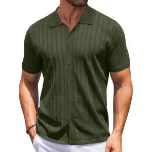 imageCOOFANDY Mens Knit Shirts Short Sleeve Button Down Polo Shirt Vintage Casual Summer Beach ShirtsArmy Green