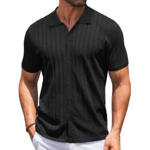 imageCOOFANDY Mens Knit Shirts Short Sleeve Button Down Polo Shirt Vintage Casual Summer Beach ShirtsBlack