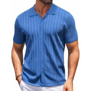 imageCOOFANDY Mens Knit Shirts Short Sleeve Button Down Polo Shirt Vintage Casual Summer Beach ShirtsBlue