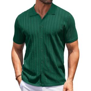 imageCOOFANDY Mens Knit Shirts Short Sleeve Button Down Polo Shirt Vintage Casual Summer Beach ShirtsGreen