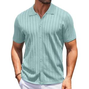 imageCOOFANDY Mens Knit Shirts Short Sleeve Button Down Polo Shirt Vintage Casual Summer Beach ShirtsIce Green