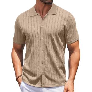 imageCOOFANDY Mens Knit Shirts Short Sleeve Button Down Polo Shirt Vintage Casual Summer Beach ShirtsKhaki