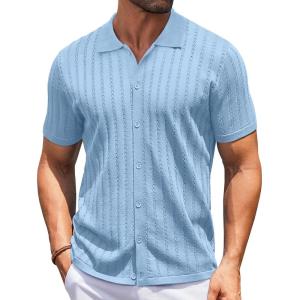 imageCOOFANDY Mens Knit Shirts Short Sleeve Button Down Polo Shirt Vintage Casual Summer Beach ShirtsLight Blue
