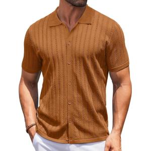 imageCOOFANDY Mens Knit Shirts Short Sleeve Button Down Polo Shirt Vintage Casual Summer Beach ShirtsLight Brown