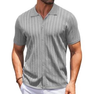 imageCOOFANDY Mens Knit Shirts Short Sleeve Button Down Polo Shirt Vintage Casual Summer Beach ShirtsLight Grey