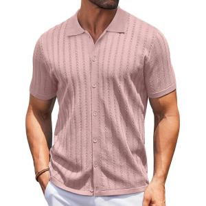 imageCOOFANDY Mens Knit Shirts Short Sleeve Button Down Polo Shirt Vintage Casual Summer Beach ShirtsLight Pink