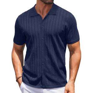 imageCOOFANDY Mens Knit Shirts Short Sleeve Button Down Polo Shirt Vintage Casual Summer Beach ShirtsNavy Blue