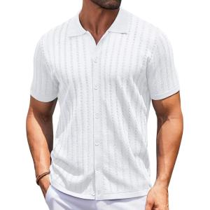 imageCOOFANDY Mens Knit Shirts Short Sleeve Button Down Polo Shirt Vintage Casual Summer Beach ShirtsWhite