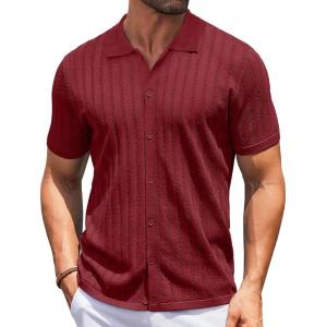 imageCOOFANDY Mens Knit Shirts Short Sleeve Button Down Polo Shirt Vintage Casual Summer Beach ShirtsWine Red