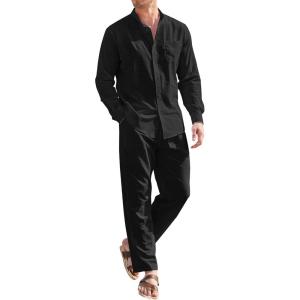 imageCOOFANDY Linen Sets For Men 2 Piece Button Down Shirt Long Sleeve And Casual Beach Drawstring Waist Pants Summer OutfitsBlack