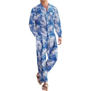 imageCOOFANDY Linen Sets For Men 2 Piece Button Down Shirt Long Sleeve And Casual Beach Drawstring Waist Pants Summer OutfitsBlue Leaves