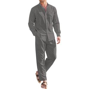 imageCOOFANDY Linen Sets For Men 2 Piece Button Down Shirt Long Sleeve And Casual Beach Drawstring Waist Pants Summer OutfitsDark Grey