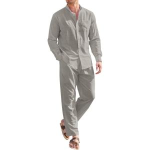imageCOOFANDY Linen Sets For Men 2 Piece Button Down Shirt Long Sleeve And Casual Beach Drawstring Waist Pants Summer OutfitsLight Grey