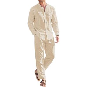 imageCOOFANDY Linen Sets For Men 2 Piece Button Down Shirt Long Sleeve And Casual Beach Drawstring Waist Pants Summer OutfitsLight Khaki