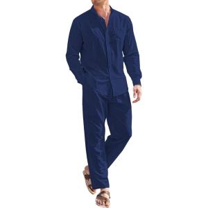 imageCOOFANDY Linen Sets For Men 2 Piece Button Down Shirt Long Sleeve And Casual Beach Drawstring Waist Pants Summer OutfitsNavy