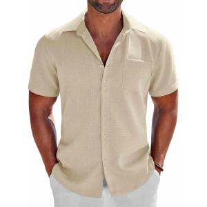 imageCOOFANDY Mens Button Down Shirts Short Sleeve Casual Shirts Summer Beach Linen Shirts with PocketBeige