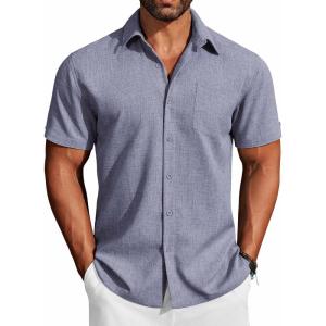imageCOOFANDY Mens Button Down Shirts Short Sleeve Casual Shirts Summer Beach Linen Shirts with PocketDark Blue