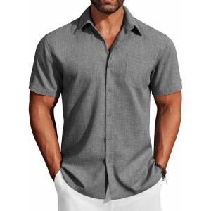 imageCOOFANDY Mens Button Down Shirts Short Sleeve Casual Shirts Summer Beach Linen Shirts with PocketDark Grey