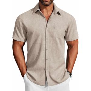 imageCOOFANDY Mens Button Down Shirts Short Sleeve Casual Shirts Summer Beach Linen Shirts with PocketKhaki
