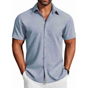 imageCOOFANDY Mens Button Down Shirts Short Sleeve Casual Shirts Summer Beach Linen Shirts with PocketLight Denim Blue