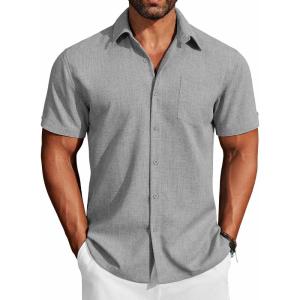 imageCOOFANDY Mens Button Down Shirts Short Sleeve Casual Shirts Summer Beach Linen Shirts with PocketLight Grey