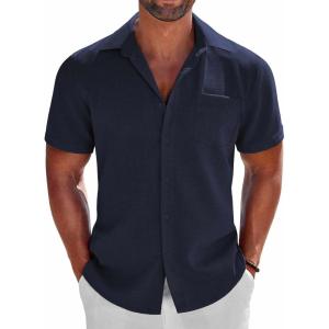 imageCOOFANDY Mens Button Down Shirts Short Sleeve Casual Shirts Summer Beach Linen Shirts with PocketNavy Blue
