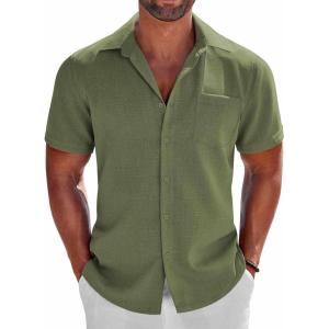 imageCOOFANDY Mens Button Down Shirts Short Sleeve Casual Shirts Summer Beach Linen Shirts with PocketOlive Green