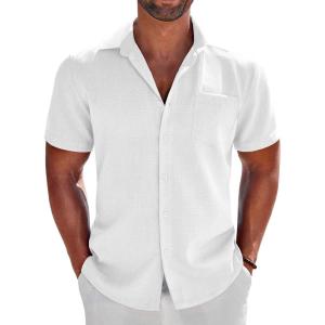imageCOOFANDY Mens Button Down Shirts Short Sleeve Casual Shirts Summer Beach Linen Shirts with PocketWhite