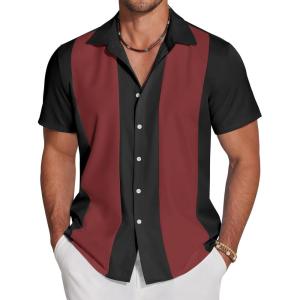 imageCOOFANDY Mens Casual Vintage Bowling Shirt Untucked Short Sleeve Button Down Summer Beach ShirtsBlack Red