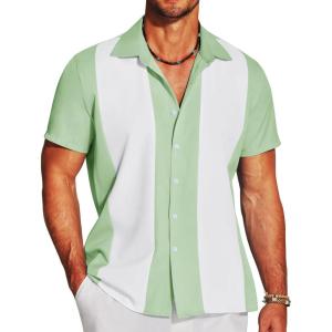 imageCOOFANDY Mens Casual Vintage Bowling Shirt Untucked Short Sleeve Button Down Summer Beach ShirtsGreen White