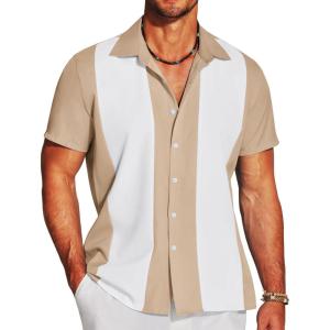 imageCOOFANDY Mens Casual Vintage Bowling Shirt Untucked Short Sleeve Button Down Summer Beach ShirtsLight Khaki White