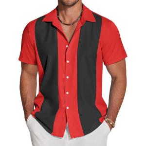 imageCOOFANDY Mens Casual Vintage Bowling Shirt Untucked Short Sleeve Button Down Summer Beach ShirtsTrue Red Black