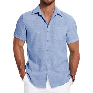 imageCOOFANDY Mens Linen Shirts Short Sleeve Casual Shirts Summer Beach Button Down Shirts with PocketAzure
