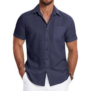 imageCOOFANDY Mens Linen Shirts Short Sleeve Casual Shirts Summer Beach Button Down Shirts with PocketBlue Violet