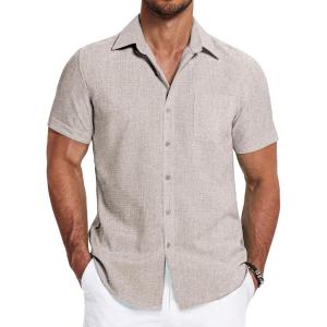 imageCOOFANDY Mens Linen Shirts Short Sleeve Casual Shirts Summer Beach Button Down Shirts with PocketChampagne