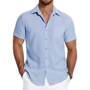 imageCOOFANDY Mens Linen Shirts Short Sleeve Casual Shirts Summer Beach Button Down Shirts with PocketClear Blue