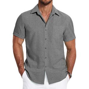 imageCOOFANDY Mens Linen Shirts Short Sleeve Casual Shirts Summer Beach Button Down Shirts with PocketDark Grey