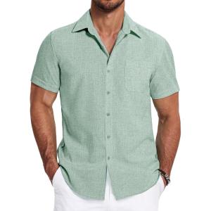 imageCOOFANDY Mens Linen Shirts Short Sleeve Casual Shirts Summer Beach Button Down Shirts with PocketLight Green