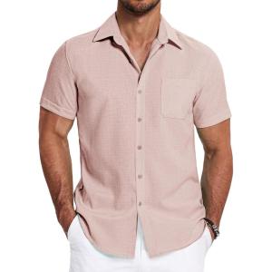 imageCOOFANDY Mens Linen Shirts Short Sleeve Casual Shirts Summer Beach Button Down Shirts with PocketLight Pink