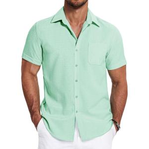 imageCOOFANDY Mens Linen Shirts Short Sleeve Casual Shirts Summer Beach Button Down Shirts with PocketMint Green