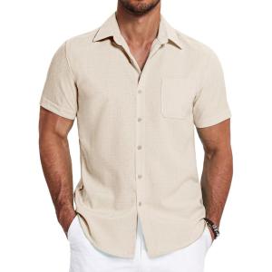 imageCOOFANDY Mens Linen Shirts Short Sleeve Casual Shirts Summer Beach Button Down Shirts with PocketNude