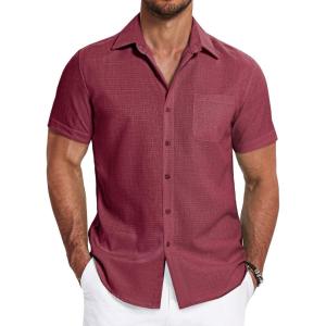 imageCOOFANDY Mens Linen Shirts Short Sleeve Casual Shirts Summer Beach Button Down Shirts with PocketWine Red